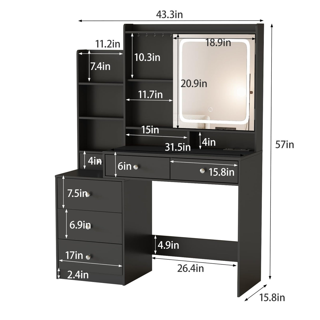 Vabches Vanity Desk with Mirror and Lights,Makeup Vanity with 6 Drawers and Shelves,Vanity Table with Power Outlet,Makeup Desk with Led Lighted Mirror in 3 Colors,for Bedroom,Black Vabches