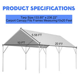 Canopy Replacement Cover for 10' x 20' Carport Frame, 200G Heavy Duty Replacement Top Cover for Car Garage, Waterproof & UV Protected Tarp with 48 Ball Bungees (Only Cover, Frame Not Included), White Fetuero