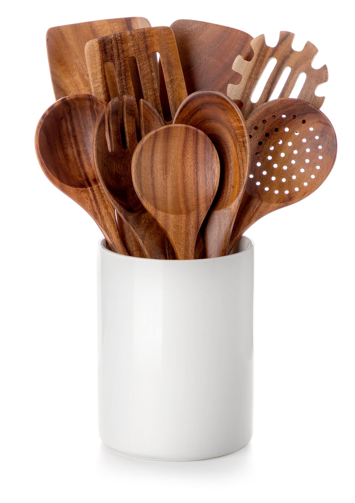 Nucookery Wooden Cooking Utensils Set with Holder, Teak Wood Kitchen Utensils Set, Ceramic Utensils Holder for Countertop, Nonstick Wooden Spoons for Cooking Spatula Set 10 Pcs, Natural Kitch - WoodArtSupply