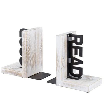 MyGift Shabby White Washed Solid Wood Decorative L-Shaped Bookends with Matte Black Metal Cutout Good and Read Block Letter Design, Non-Skid Book Stopper, 1 Pair