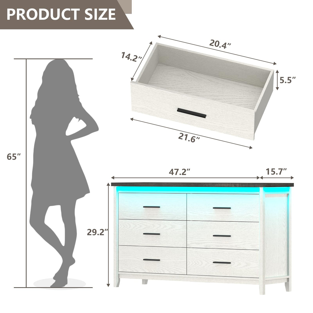 TVU Farmhouse 6 Drawers Wood Dresser with LED, Storage Dresser for Bedroom, Wide Chest of Drawer with Metal Handles TVU