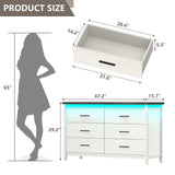 TVU Farmhouse 6 Drawers Wood Dresser with LED, Storage Dresser for Bedroom, Wide Chest of Drawer with Metal Handles TVU