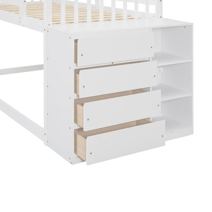 Harper & Bright Designs Twin Over Twin Bunk Bed with Storage, Wood Floor Bunk Beds with 4 Drawers and 3 Shelves, Low Bunk Bed, Twin Loft Bed for Kids, Girls Boys, Teens, Adults (White)