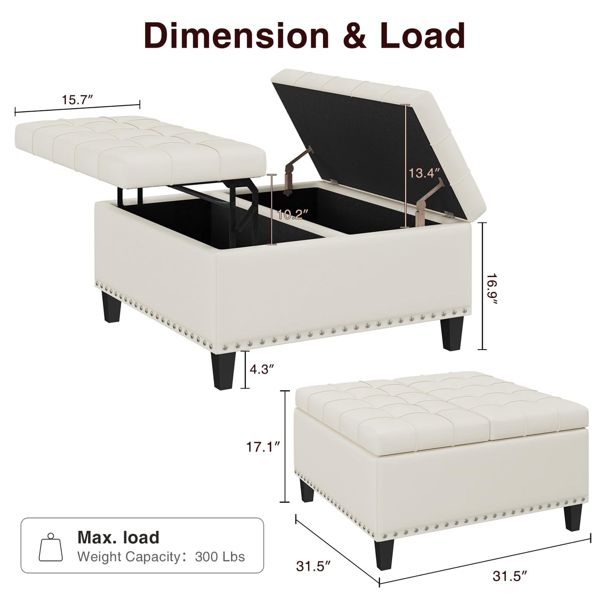 FiveWillowise Tufted Square Ottoman Coffee Table with Storage, Leather Upholstered Cube Storage Ottoman, Oversized Footrest Stool Toy Box Storage for Livingroom Bedroom, Ivory White FiveWillowise