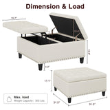 FiveWillowise Tufted Square Ottoman Coffee Table with Storage, Leather Upholstered Cube Storage Ottoman, Oversized Footrest Stool Toy Box Storage for Livingroom Bedroom, Ivory White FiveWillowise