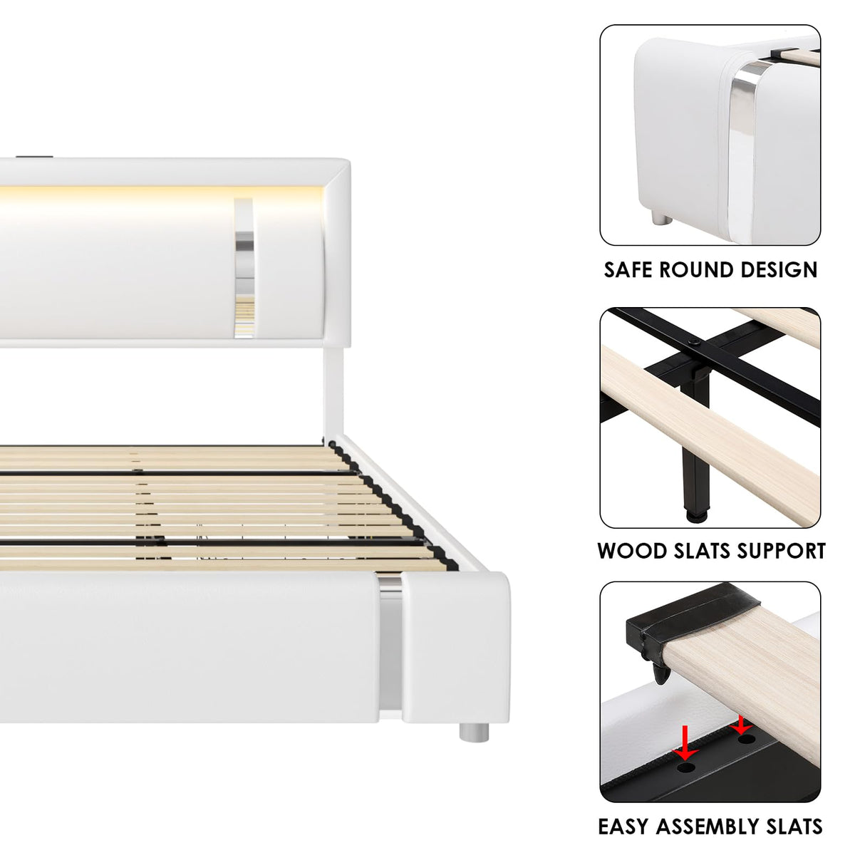 Keyluv Queen Bed Frame with RGB LED Lights Headboard & 2 Storage Drawers, Modern Upholstered Faux Leather Smart Platform Iron Metal Decor, USB USB-C Charging Ports, No Box Spring Needed, White Keyluv