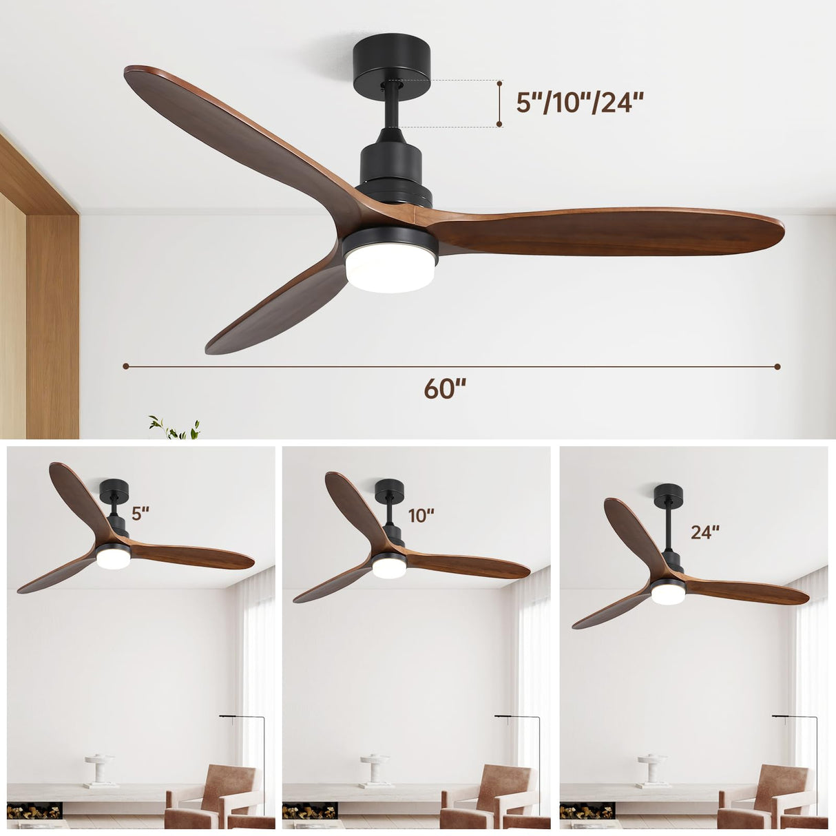 CACI Mall 60" Wood Ceiling Fan with Light,Outdoor for Covered Patios,LED,Remote,Solid Wood,Walnut Blades,Oil Rubbed Bronze Ceiling Fan for Living Room Kitchen Bedroom Family Dining Noiseless CACI Mall