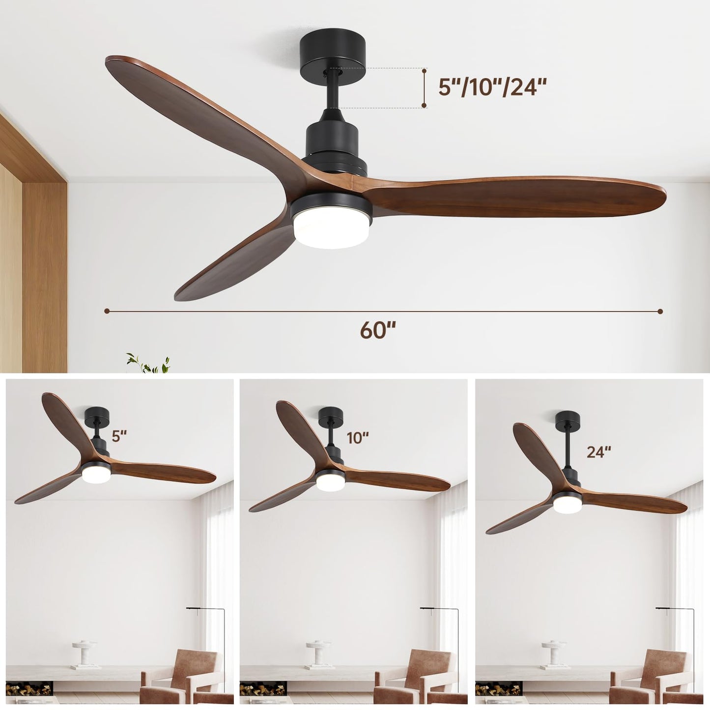 CACI Mall 60" Wood Ceiling Fan with Light,Outdoor for Covered Patios,LED,Remote,Solid Wood,Walnut Blades,Oil Rubbed Bronze Ceiling Fan for Living Room Kitchen Bedroom Family Dining Noiseless