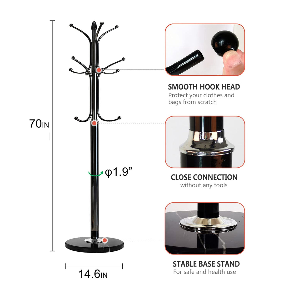 Kertnic Metal Coat Rack Stand with Natural Marble Base, Free Standing Hall Tree with 12 Hooks for Hanging Scarf, Bag, Jacket, Home Entry-way Hat Hanger Organizer (Black) Kertnic
