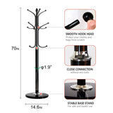 Kertnic Metal Coat Rack Stand with Natural Marble Base, Free Standing Hall Tree with 12 Hooks for Hanging Scarf, Bag, Jacket, Home Entry-way Hat Hanger Organizer (Black) Kertnic