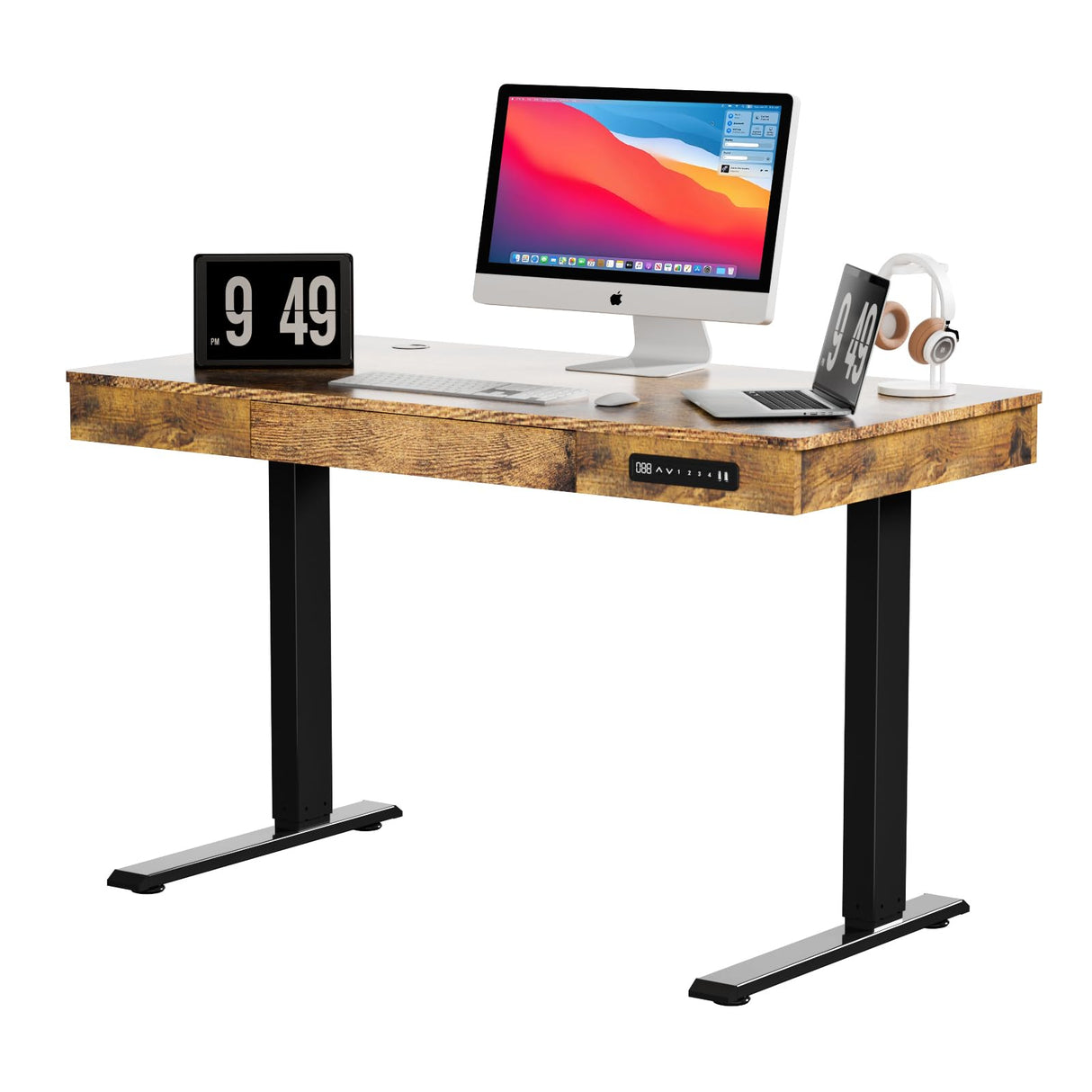 ADOFFUR Standing Desk with Drawer, 55 x 24 Inch Electric Standing Desk Adjustable Height Desk, Black Stand up Desk with One-Piece Brown Desktop, Wheels, Memory Presets, USB Ports for Home Office ADOFFUR