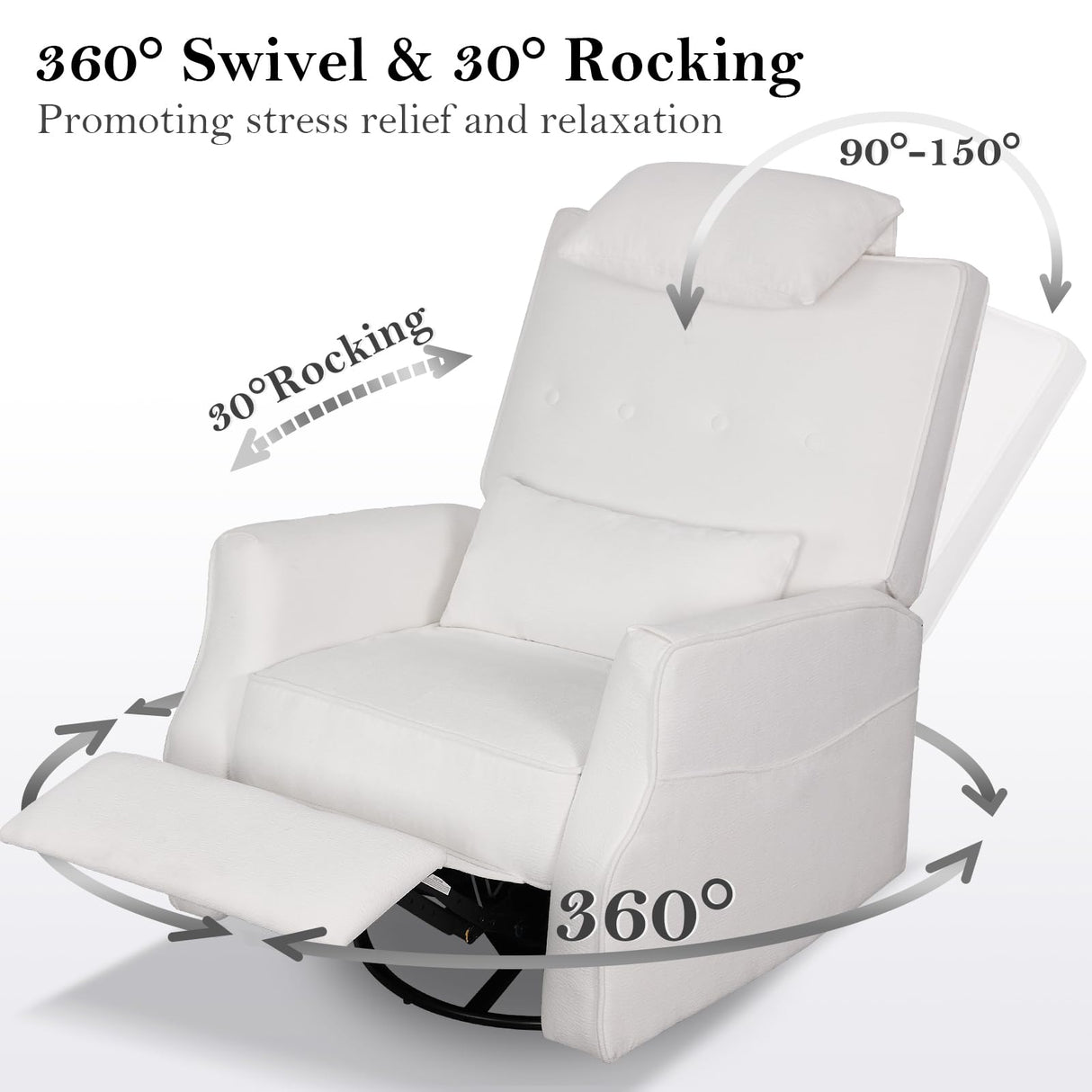 DIFYHOMEY Nursery Swivel Glider Recliner Chair Chenille Upholstered Accent Glider Rocker Recliner with Headrest and Lumbar Support Pillow for Nursery Living Room Bedroom (White) DIFYHOMEY