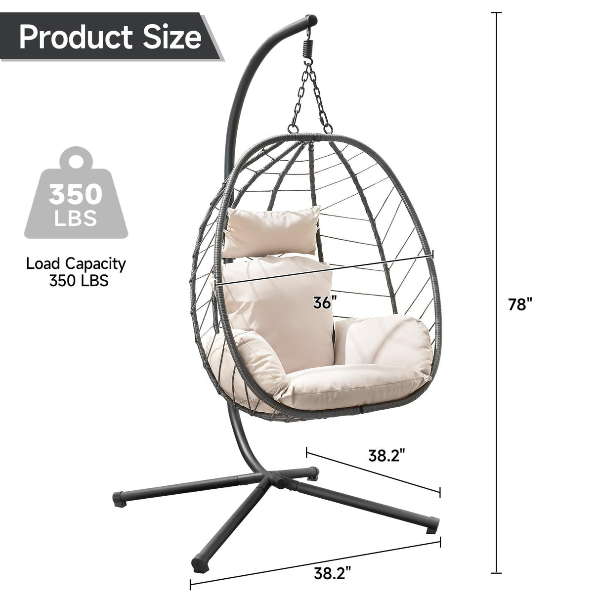 ONBRILL Hanging Egg Chair with Stand, Outdoor Indoor Egg Swing Chair with Cushion Headrest, Rattan Wicker Egg Chair with Dual Chains, 350LBS Capacity for Patio, Porch, Balcony, Bedroom (Khaki) ONBRILL