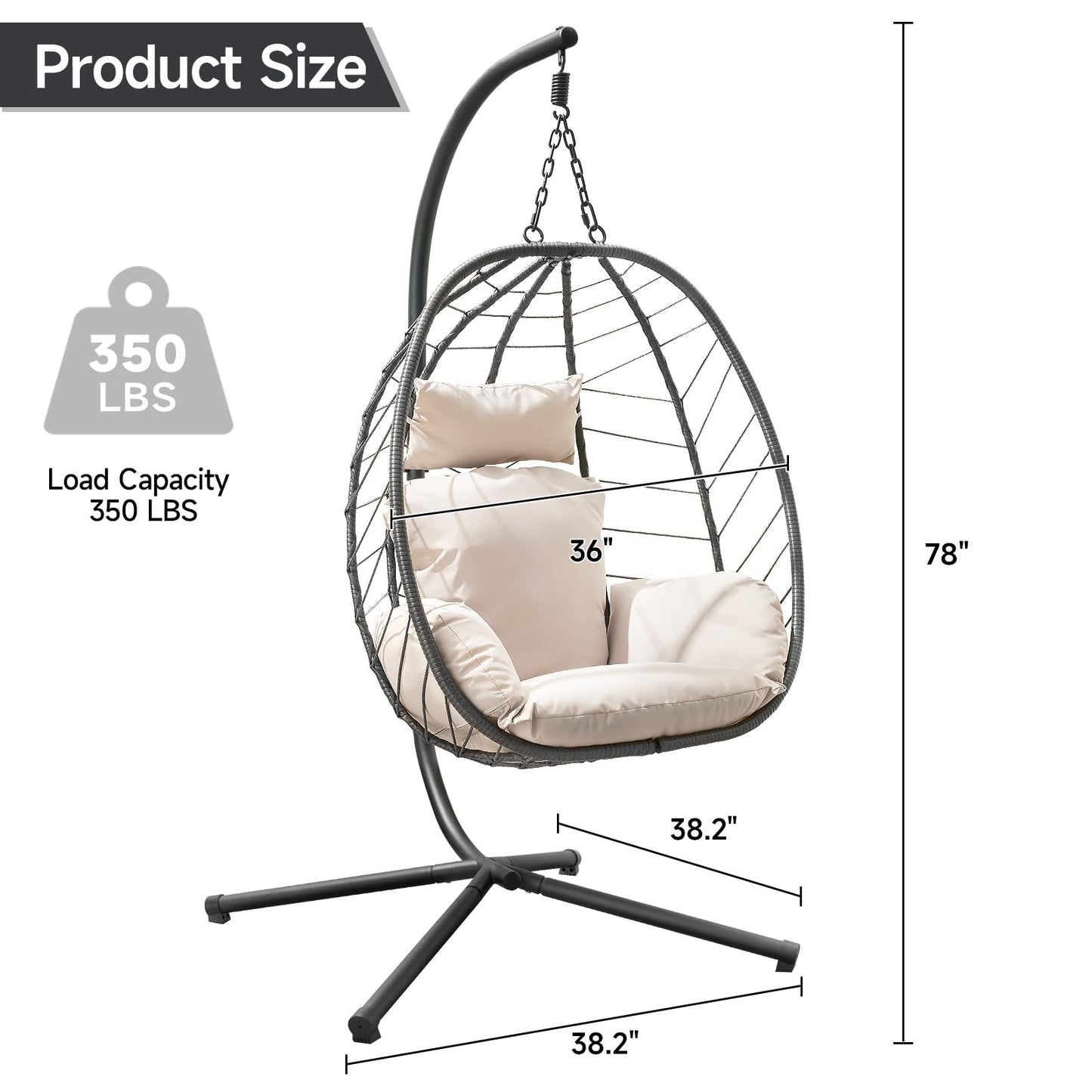 ONBRILL Hanging Egg Chair with Stand, Outdoor Indoor Egg Swing Chair with Cushion Headrest, Rattan Wicker Egg Chair with Dual Chains, 350LBS Capacity for Patio, Porch, Balcony, Bedroom (Khaki)