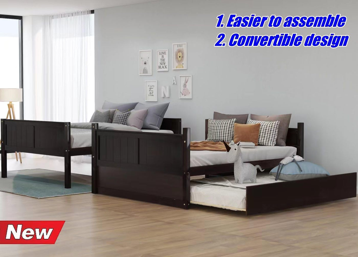 TSAMPA Latest Upgraded & Stronger Heavy Duty Solid Wood Full Over Full Bunk Bed with Trundle, Thickened Safer Convertible Bunkbed Frame (Easier to Assemble) (Espresso) TSAMPA