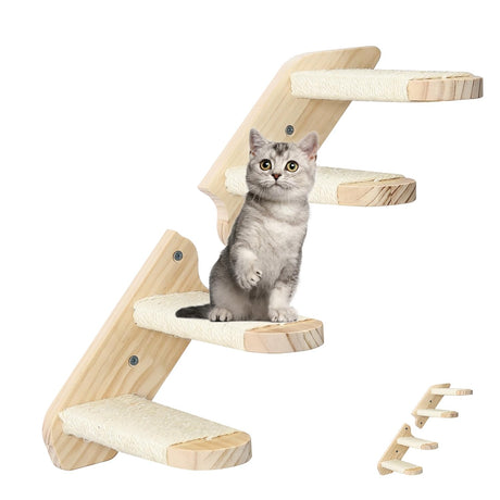 Cat Wall Steps Shelves Cat Climbing Shelf Reversible Wall Mounted, Wooden Four Step Cat Stairway with Scratching Sisal Rope for Cats Perch Platform Supplies Large Cats Scratching Post Activity Tree Erhalithegro