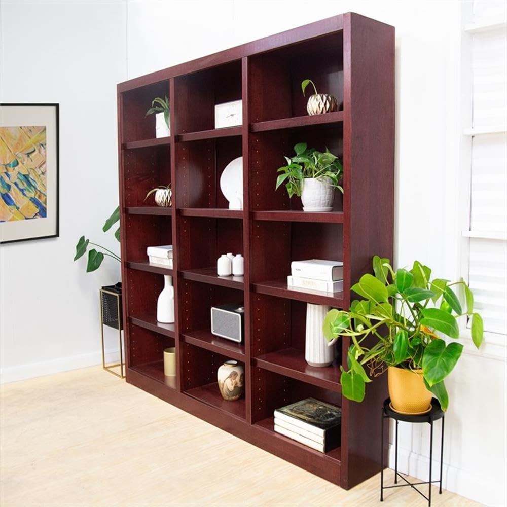 BOWERY HILL 72" Traditional Triple Wide Wood Bookcase with 12 Adjustable Shelves and 3 Fixed Shelves, Ready for Assembly, for Home/Office Use, in Cherry Finish BOWERY HILL