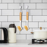 FunCee 2 Pack Kitchen Dish Brushes with Bamboo Handle, Dish Scrubber Built-in Scraper, Scrub Brush for Pans, Pots, Counter & Kitchen Sink Cleaning, Dishwashing and Cleaning Brush Tools, White FunCee