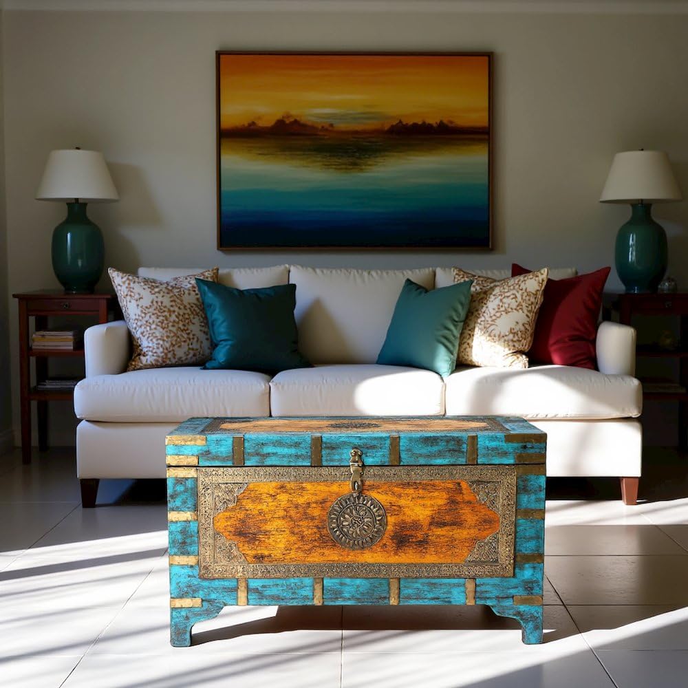 Starlight Canyon Home Mango Wood Storage Trunk Coffee Table with Brass Inlay, Hope Chest and Steamer Trunk for Living Room or Bedroom Decor Starlight Canyon Home
