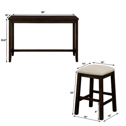 Merax Rustic 4-Piece Counter Height Bar Table Set with Charging Socket and Fabric Padded Stools in Brown