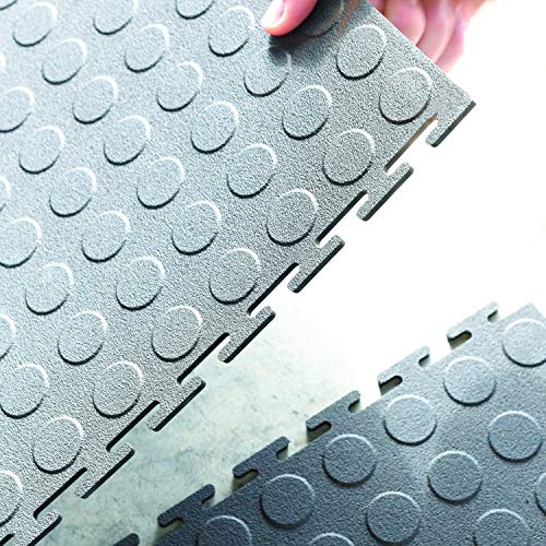 VersaTex Garage Floor 18 x 18 inch Square Plastic Coin Top Interlocking Floor Tiles for Home Gym, Garage Flooring, Trade Show Flooring, Basement Tiles, 8 Pack (Black)