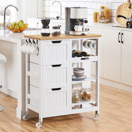 Yaheetech Kitchen Island Cart on Wheels with Bamboo Countertop, Rolling Serving Utility Trolley Cart with 3 Drawers, 3 Removable Shelves & Lockable Casters, Storage Cabinet for Dining Room, Bar, White Yaheetech