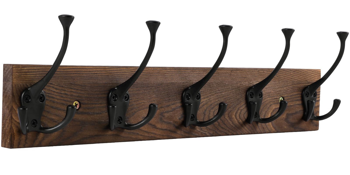 Gohiuo Rustic Wall Mount Coat Rack, 17" Coat Hooks Wall Mount Wood Coat Rack with 5 Triple Hooks, Heavy Duty Wooden Wall Mounted Coat Hanger for Entryway, Farmhouse Hanging Coats, Hats, Bags,Towels Gohiuo