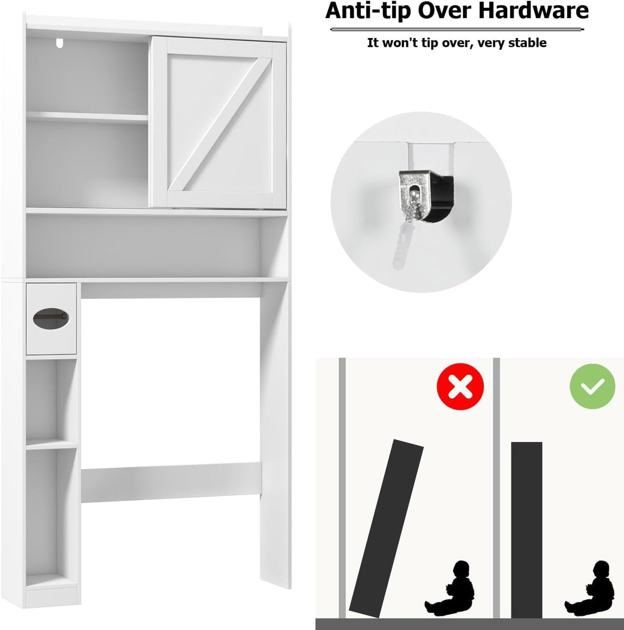 LINLUX Over The Toilet Storage Cabinet, Farmhouse Storage Cabinet Over Toilet with 2 Sliding Doors, Home Space-Saving Toilet Rack for Bathroom, Laundry, White LINLUX