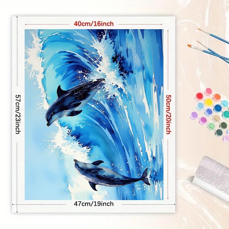 Marine Life Paint by Numbers Kit for Adults - DIY Dolphins Surfing Ocean Waves Painting on Canvas 16x20 Inches, Acrylic Paint Set, Suitable for Beginners, Sea Art for Home Decoration or Gifts DecorFriday