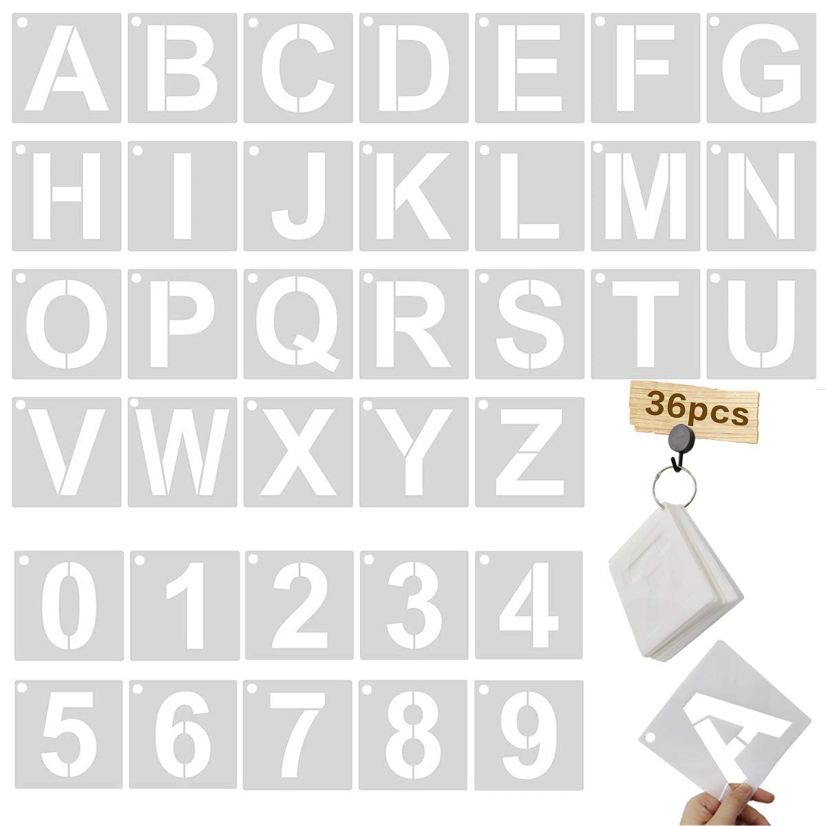 3 Inch Letter Stencils Kit, Alphabet Art Craft Stencils, Reusable Plastic Letters and Numbers Stencil Set for Wood, Wall, Fabric, Rock, Chalkboard, Signage and DIY Art Projects (White, 36 Pcs) HZMM