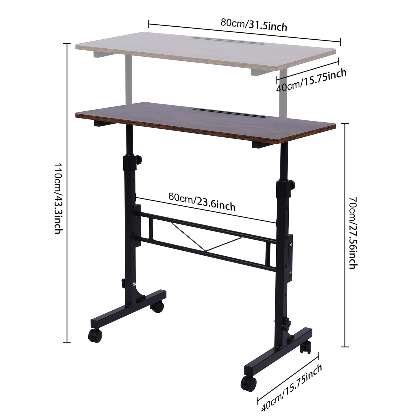 Standing Desk Adjustable Height, Mobile Stand Up Desk with Wheels Small Computer Desk Rolling Desk, Portable Laptop Desk Rustic Standing Table Sit Stand Home Office Desks 16"x31.5" Height 27"-43.5"