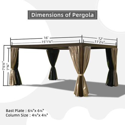 Domi Outdoor Louvered Pergola 12x16FT All Aluminum Structure,Patio Rainproof Pergola with Two Independently Adjustable Roof for Backyard Garden w/Curtains and Netting - Dark Brown