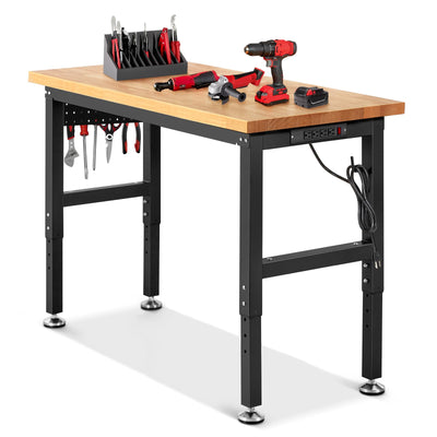 ENJOYWOOD Workbench for Garage Work Bench Adjustable Height Work Table with Power Outlets for Shop Woodworking, 48x 20 Heavy Duty Rubber Wood Top for Office, Home, Commercial