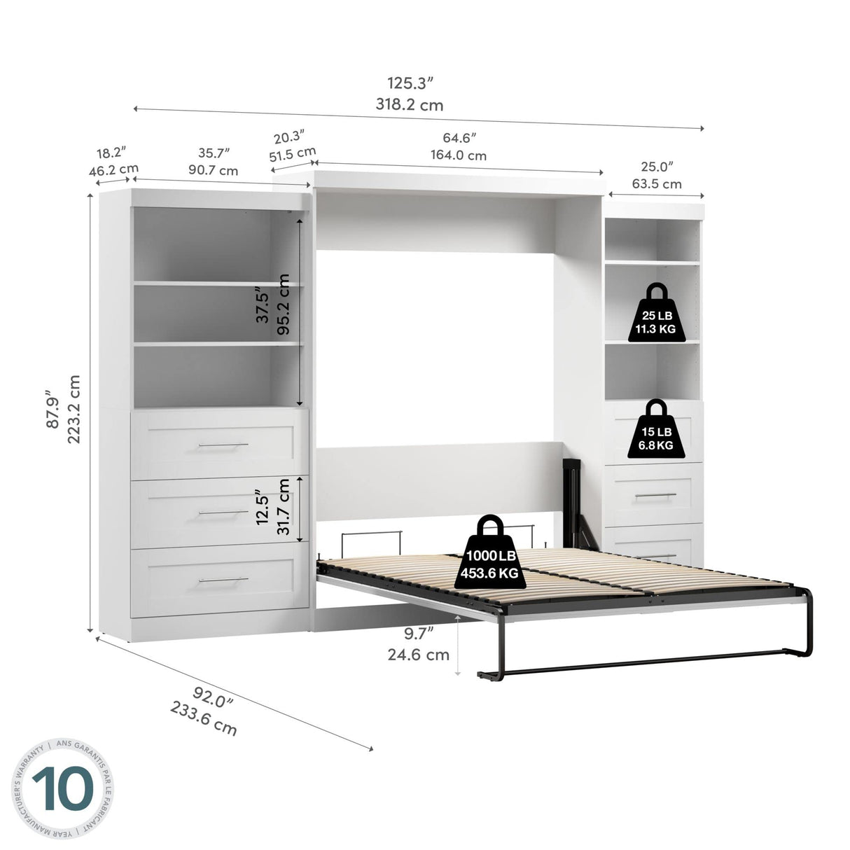 Bestar Pur Queen Murphy Bed and 2 Shelving Units with Drawers, 126-inch Space-Saving Wall Bed Bestar