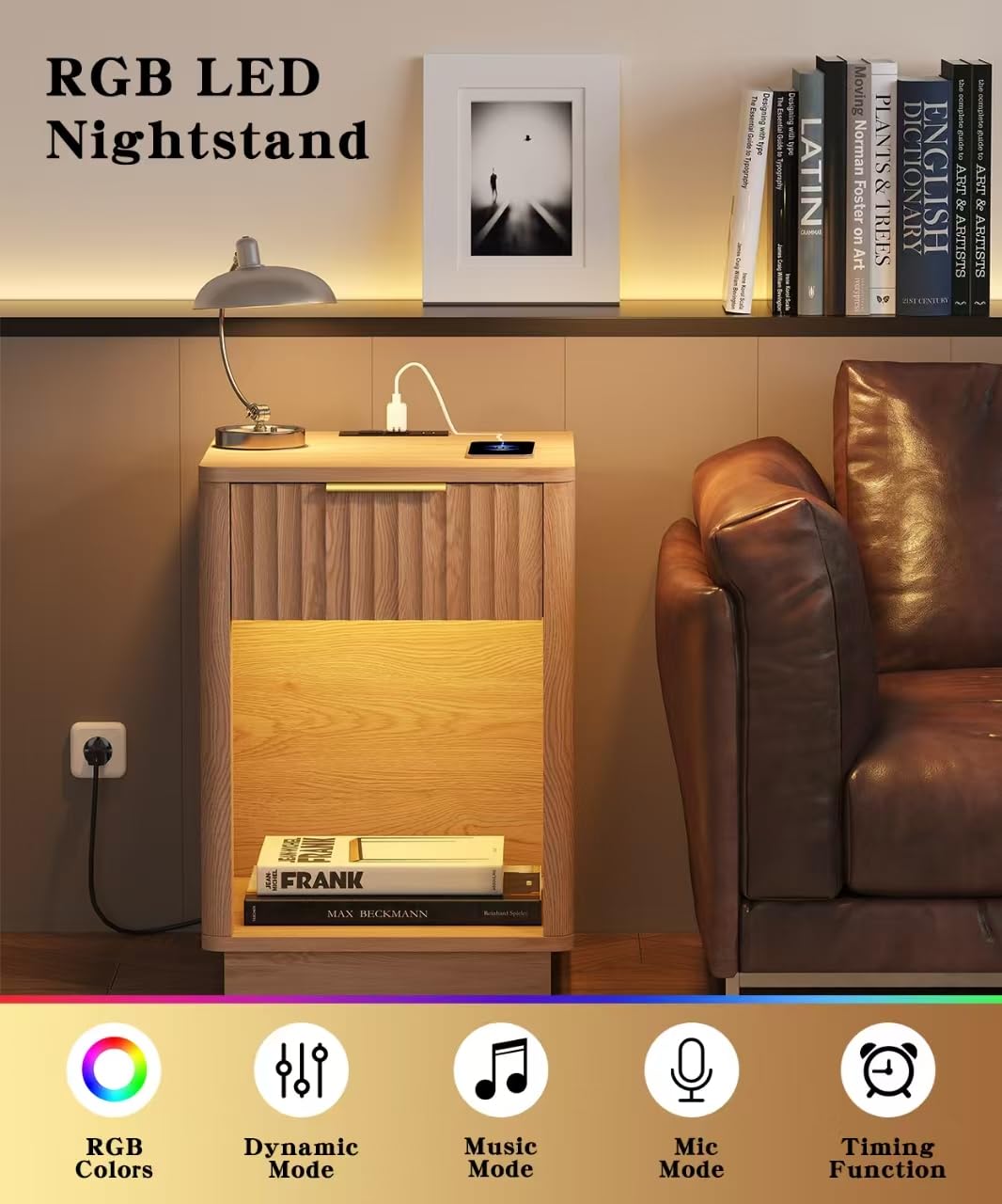 Akxomel Fluted Nightstands Set of 2, Wooden Night Stand with Charging Station and LED Light, Modern Mid Century End Table with Drawer, 15" D x 15.7" W x 22.6" H, for Bedroom, Natural Oak Akxomel