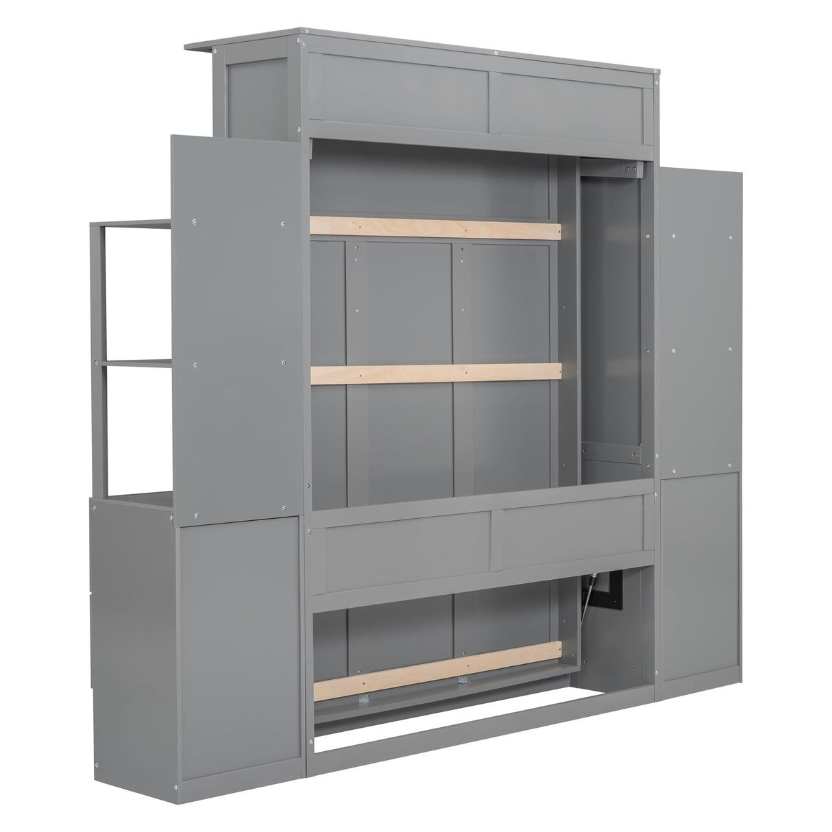 Merax Full Size Murphy Bed, Wooden Full Wall Bed with Shelves, Drawers and LED Lights, for Home Office or Small Room, Gray Merax