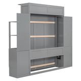 Merax Full Size Murphy Bed, Wooden Full Wall Bed with Shelves, Drawers and LED Lights, for Home Office or Small Room, Gray Merax