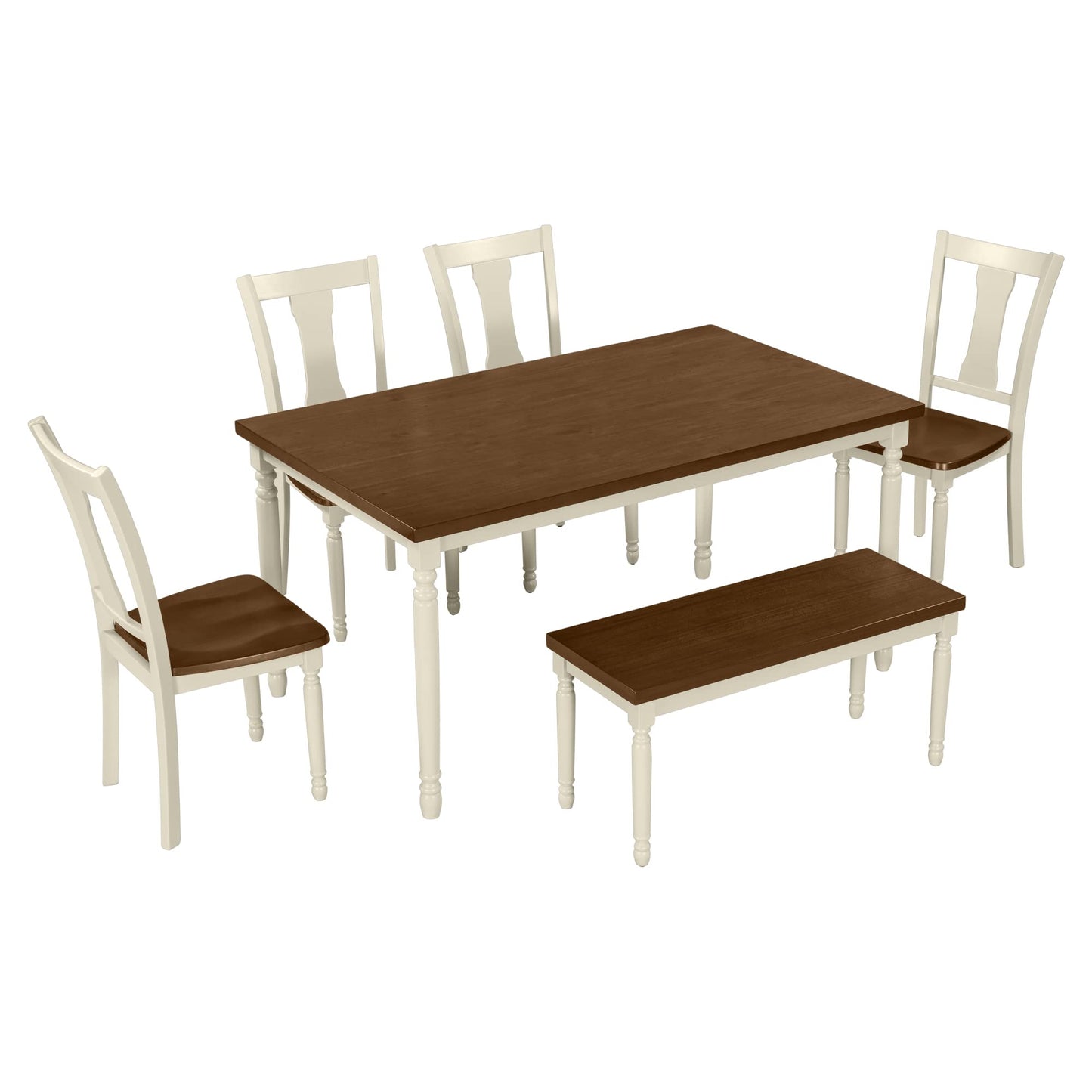 Merax 6 Pieces Dining Table Set with Bench, Kitchen Table Chairs Set, Wooden Rectangular Dining Table with 4 Chairs and Bench for Kitchen Room Dining Room (Brown+Cottage White)