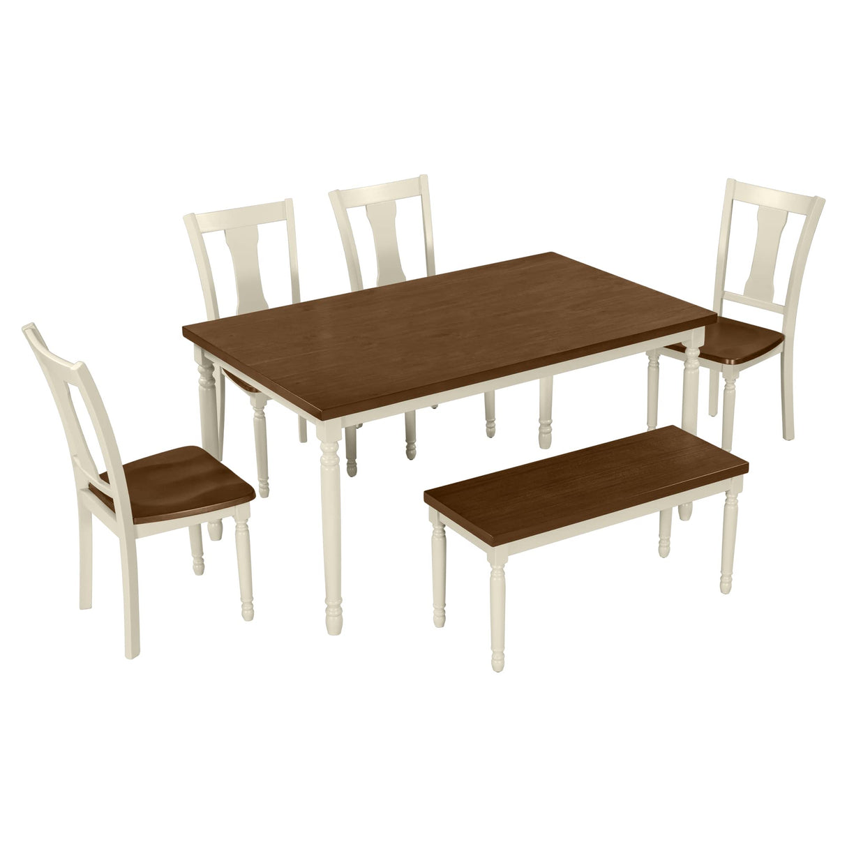 LUMISOL Farmhouse Style 6 Piece Dining Table Set with Bench Includes 60" Rectangular Kitchen Table, 4 Chairs & Bench, Brown+Cottage White LUMISOL