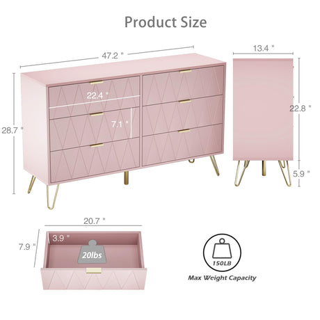 Anbuy Bedroom Sets 3 Pcs Pink Night Stand Sets and Large 6 Drawer Dresser for Bedroom, Two Drawers Nightstand Set of 2 & 6 Drawer Dresser Combo 3pcs (Pink Anbuy