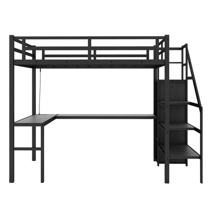 Full-Size Metal Loft Bed with Integrated Desk, Wardrobe, and LED Lighting - WoodArtSupply