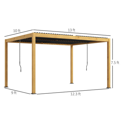 Outsunny 10' x 13' Louvered Pergola, Aluminum Outdoor Pergola with Adjustable Roof, Hardtop Gazebo for Patio, Deck, Garden, Yard, Beach, Black Roof and Natural Frame - WoodArtSupply