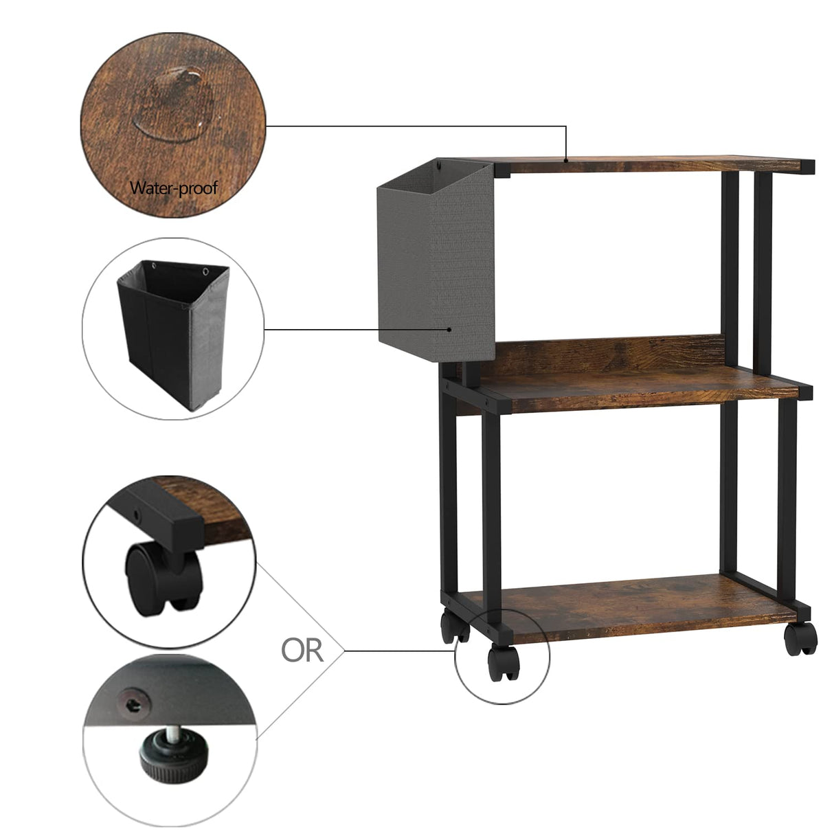 Ostreeful 3 Tier Printer Stand Rustic Brown Printer Mobile Wooden Printer Shelf Table Organizer for Home Office Kitchen Oastreeful