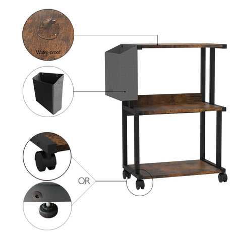 Ostreeful 3 Tier Printer Stand Rustic Brown Printer Mobile Wooden Printer Shelf Table Organizer for Home Office Kitchen Oastreeful