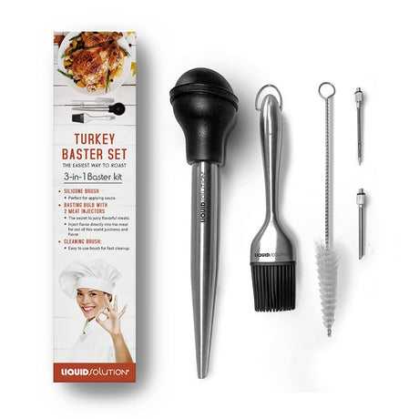 Liquid Solution Turkey Baster 5 Piece Set, Includes Baster for Cooking, Barbecue Basting Brush, Flavor Injector with Cleaning Brush - Perfect for Thanksgiving or Regular Cookout Liquid Solution