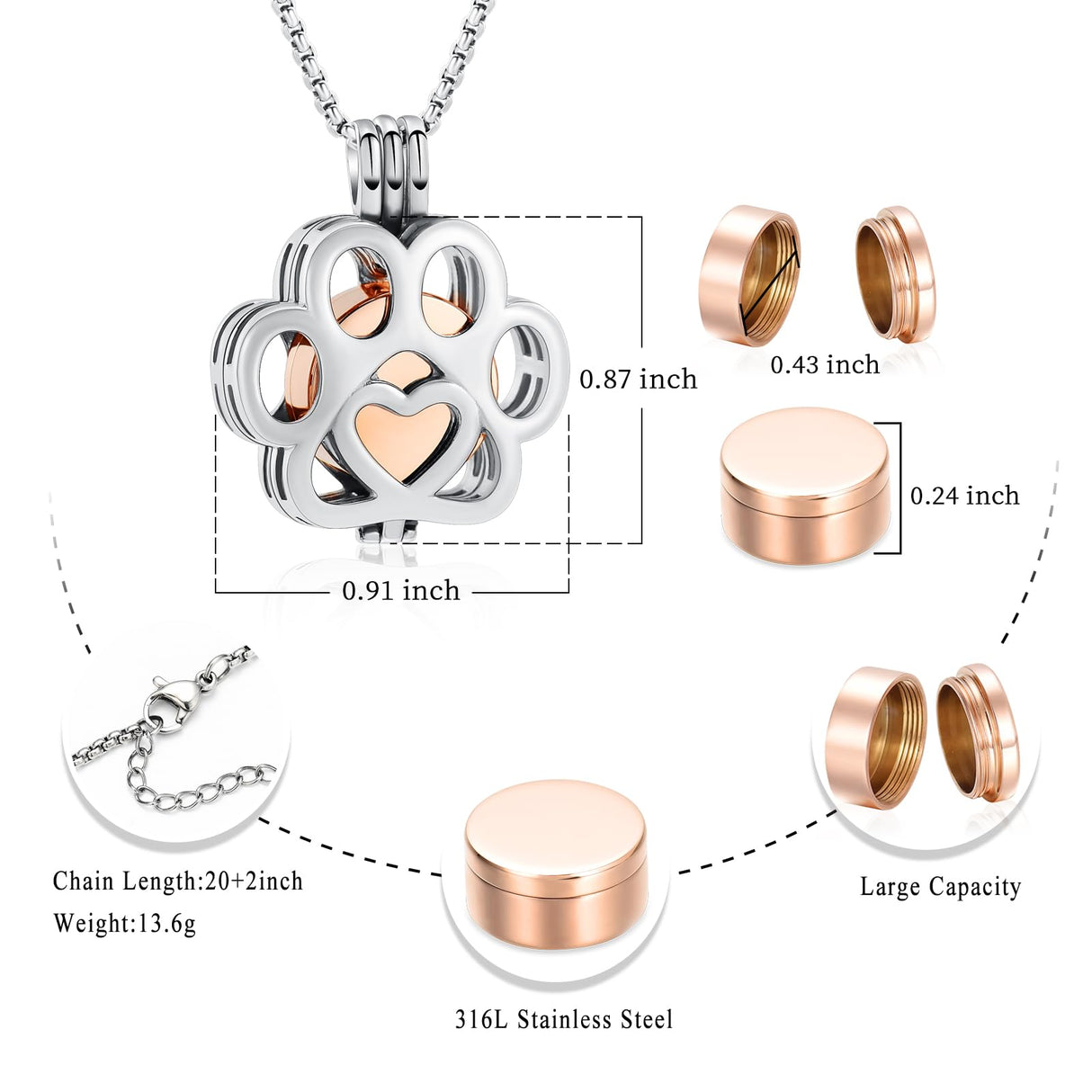 Oinsi Pet Cremation Jewelry For Ashes For Dog/Cat Paw Stainless Steel Memorial Locket Urn Necklace Inside Mini Case Keepsake Cremation Jewelry Women Men (Silver With Rose gold) Oinsi