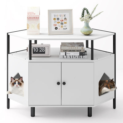 Giantex Corner Cat Litter Box Enclosure - Cat Washroom Hidden Furniture with Dual Front Entries, 2-Door Cabinet, Storage Shelves, Metal Frame, Wooden Pet House Crate (White)
