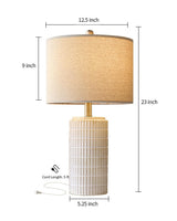 PoKat 23'' Bedside Table Lamp for Bedroom Nightstand - Ceramic Lamp for Living Room, White Night Stand Light Lamp with Round Linen Shade, Modern Bedroom Lamp Beige PoKat