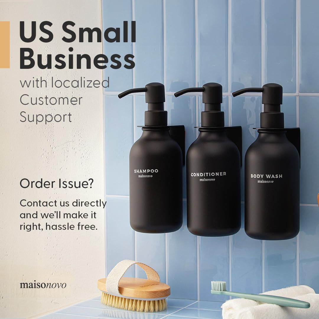 MaisoNovo Shampoo and Conditioner Dispenser - Shower Soap Dispenser Wall Mounted - 16.9 fl oz Set of 3 Black Plastic Bottles Black Pump - Shampoo Dispenser, Shower Dispenser 3 Chamber No Drill MAISONOVO