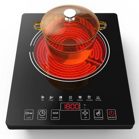 Electric Cooktop, Portable Electric Cooktop 1800W Single Burner Stove with LED Touch Screen, 8 Power & 8 Temperature Levels, Timer, Microcrystalline Panel,120V Energy Saving Hot Plate for Home Camping GTKZW